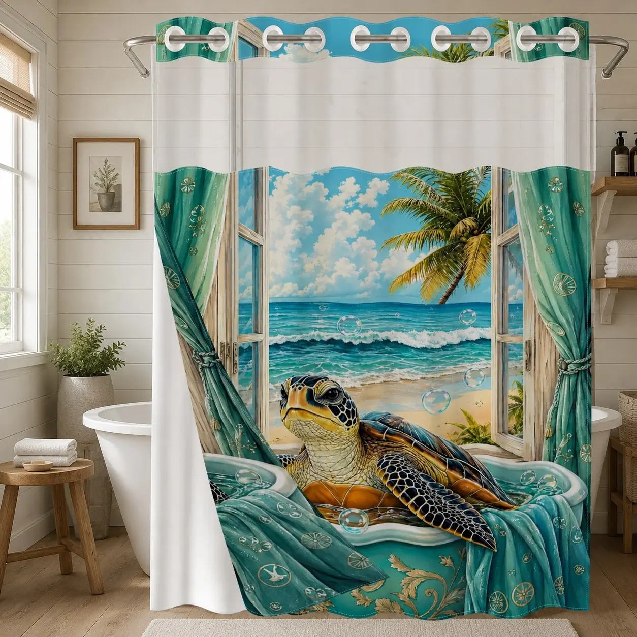 1Pc Hookless Double Layer Shower Curtain Set, Sea Turtle & Tropical Beach Print, Snap-In Waterproof Mildew-Resistant Liner, Fabric Outer Curtain with Sheer Viewing Window, 71×74 Inch, Machine Washable, for Home, Apartment and Hotel Bathrooms