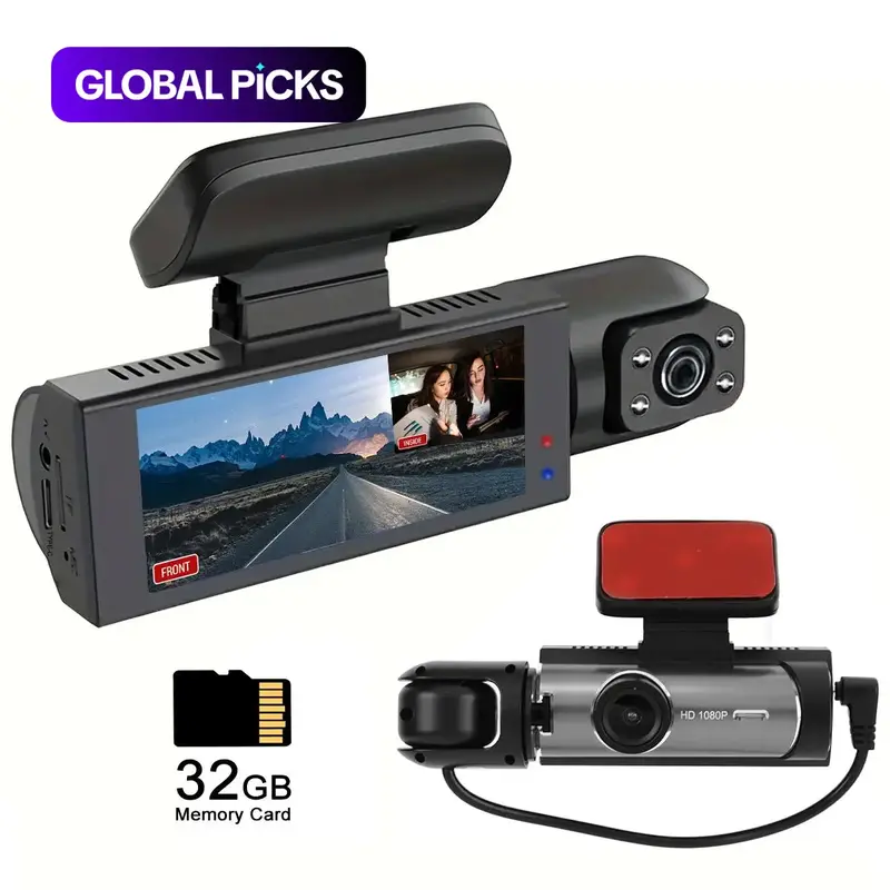 Front & Inside Dashcam for Car with 32GB Memory Card, Wide-Angle Dual-Lens 1080P HD Driving Recorder with IR Night Vision & 3.16-inch IPS Screen, Ideal for Fall and Birthday Gifts #TOP PICKS 0