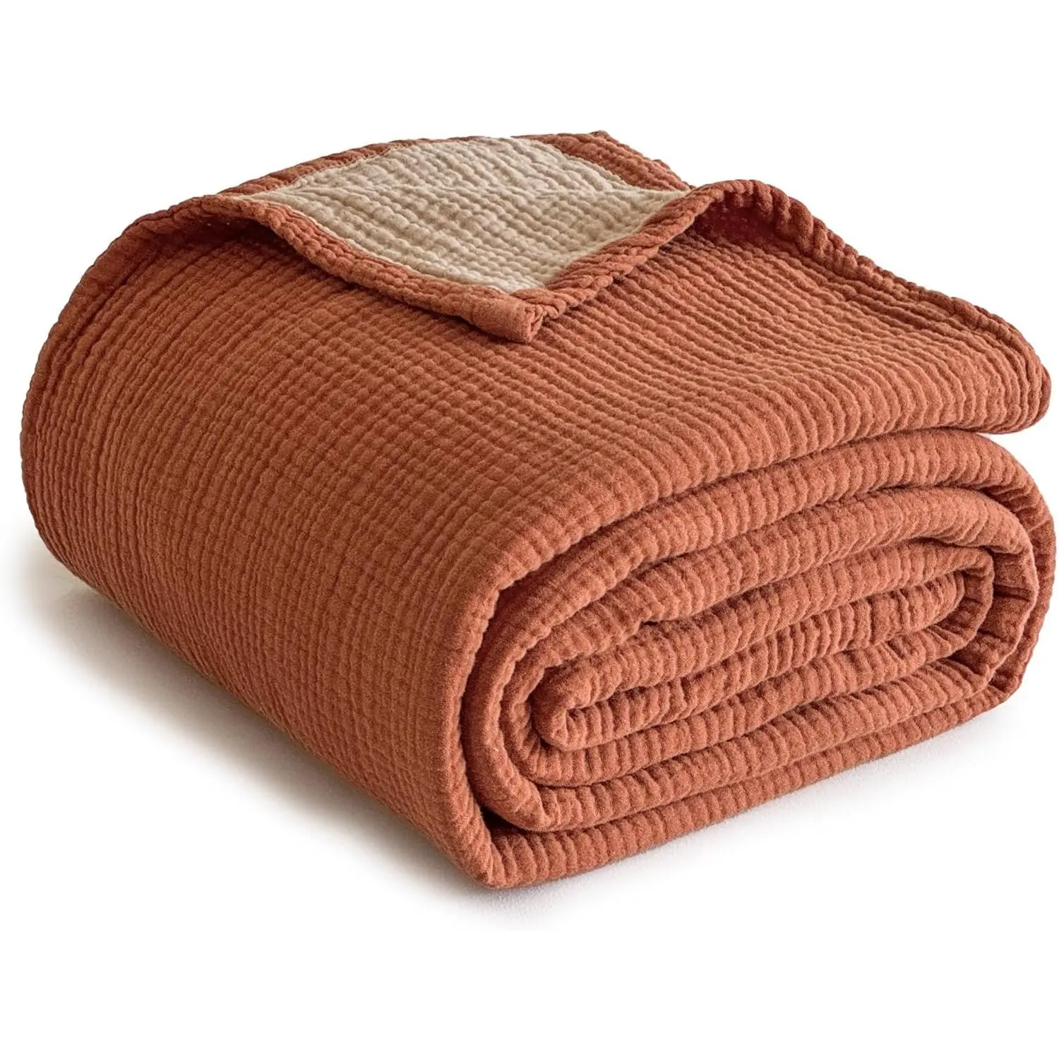 Simple&100% Cotton Muslin Blanket King Size, Lightweight Breathable 4 Layering Gauze Blanket for Bed Couch Camping, Soft Bedspread Coverlet All-Season Use (Rust Orange, 104" x 92")