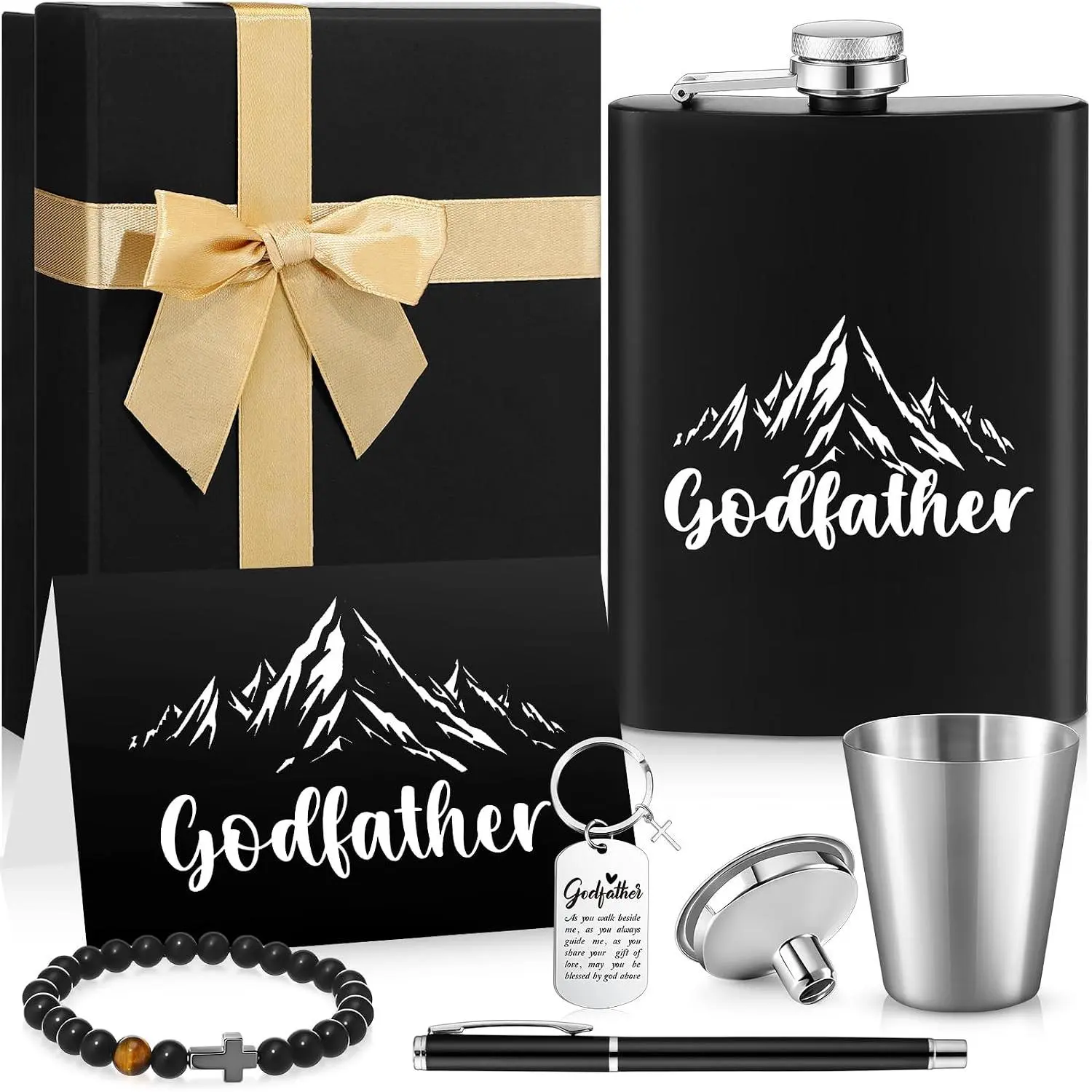 8 count Godfather Proposal  Will You Be My Godfather  Set Includes Flask Bracelet Keychains Cards Pen Box for Dad God Father Uncle from Godchild Baptism Father's Day
