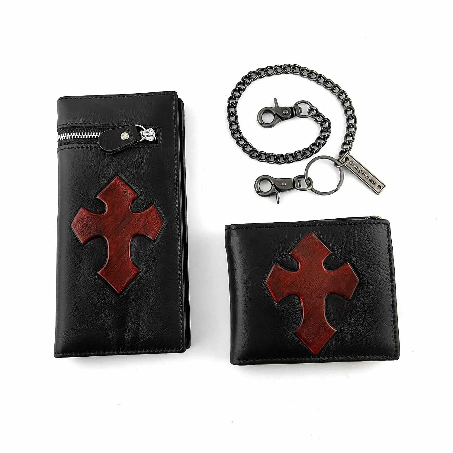 Men's Genuine Leather Black Gothic Cross Card Holder Wallet with Flap, Chain, Multi-Use Money Organizer