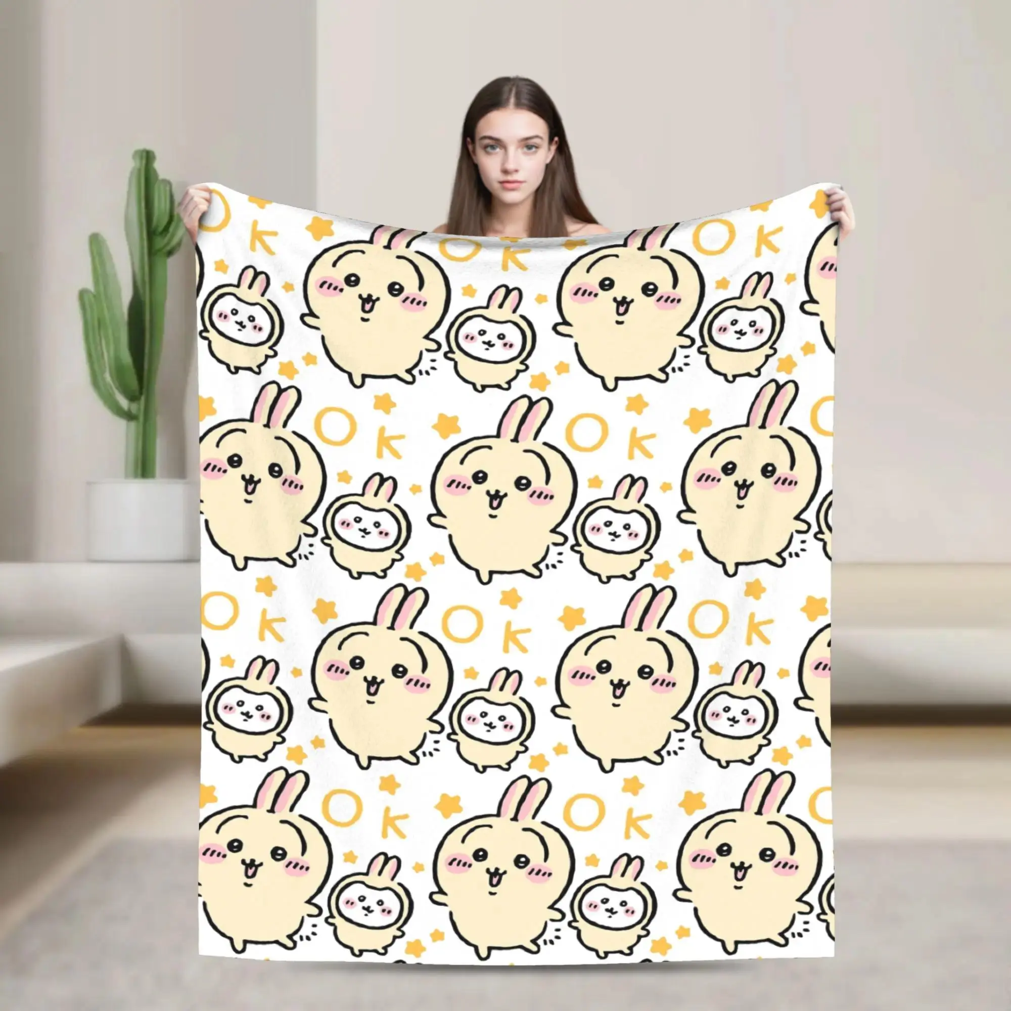 Chiikawa Yellow Usagi Soft Flannel Throw Blanket Cozy Plush for Sofa Bedroom Home Decor