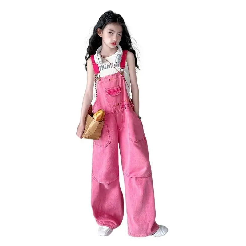 2026 Summer Dopamine Style Girls' Denim Overalls, Loose-Fit Versatile Cotton Blend Casual Wear, Faux Pockets, for Older Girls' Daily Outings & Shopping, 15% Polyester, 13-14Y, None, Prop 65 Safe, -Piece Overalls, 3 Years And Older, Fashionable And Trendy