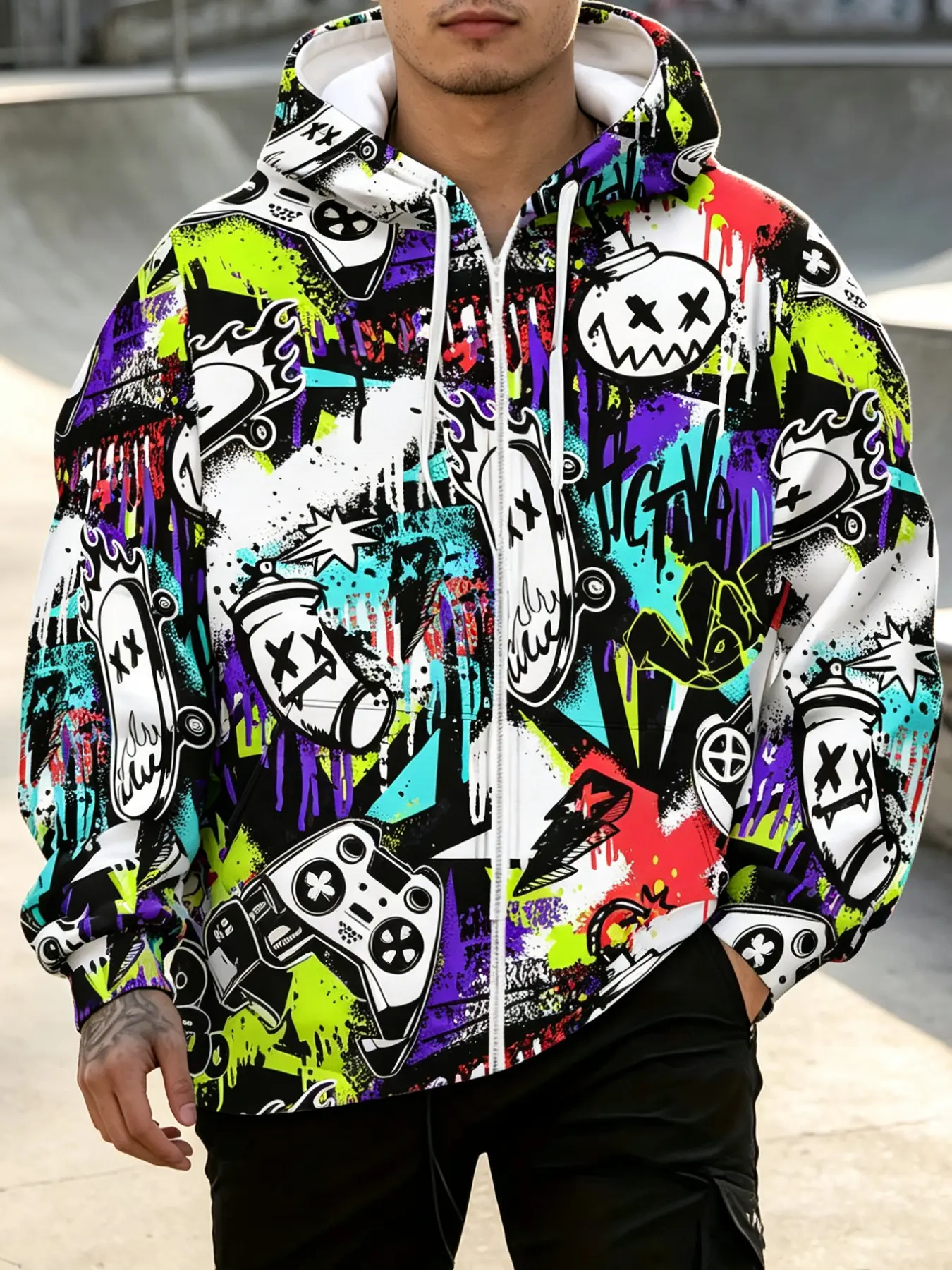 American Vintage Hip-Hop Graffiti Sweatshirt, Drawstring Zipper, Loose-Fit Hooded Open Front, Fall & Winter Casual Wear