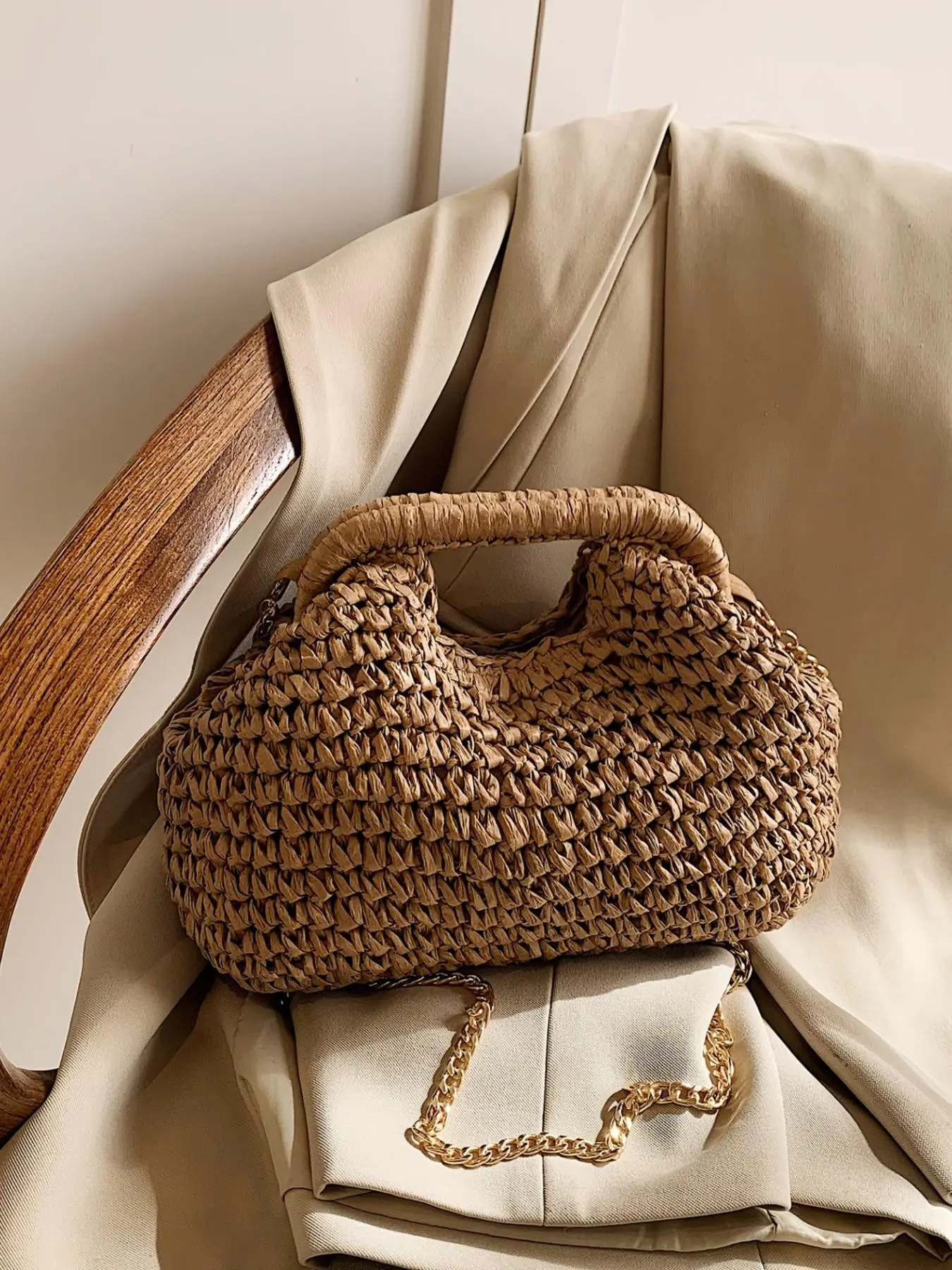 Cloud Shape Ruched Shoulder Bag, Chain Strap Straw Backpack, Fashion Beach Holiday Bag, Summer Trendy Women's Handbag, Bohemian Straw Bag, Crossbody Handbags