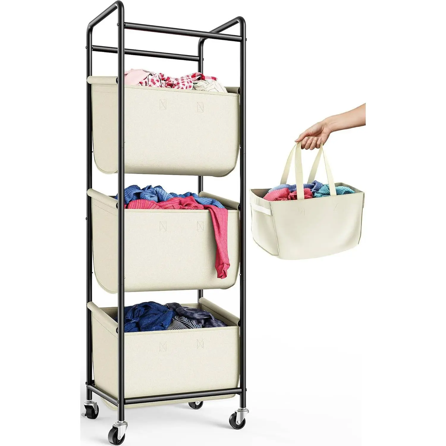 3 Section 120L Rolling Vertical Laundry Sorter with Removable Bags, Stackable Laundry Hamper Basket Organizer with Wheels for Bathroom, Apartment, Dorm, Beige