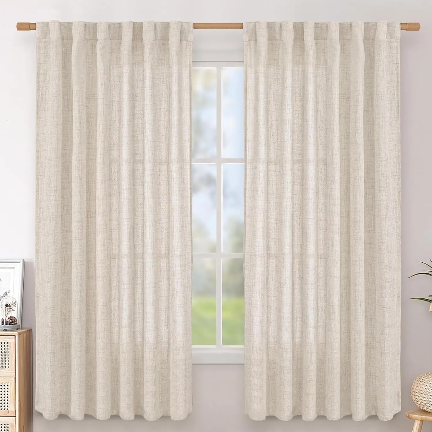Linen Semi Sheer Curtains 52 x 63 Inch Length, 2 Panels Light Filtering Drapes for Living Room Bedroom, Rod Pocket Back Tab Lightweight Window TreatmentsGift
