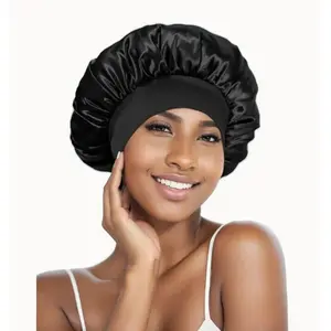 Silk Bonnet Satin Bonnet With Elastic Band Silk Sleep Cap Soft Hair Cap Hair Wrap for Sleeping Women Men Black Home Goods Gifts Bathroom Accessory Shower Cap
