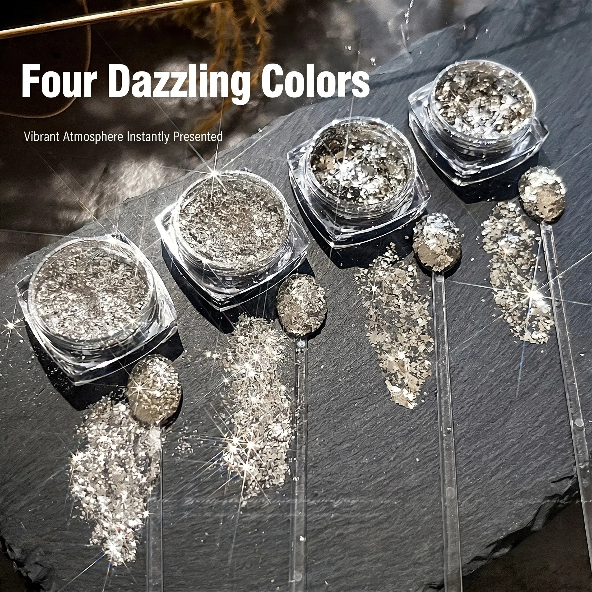 4-Color Glass Wrapped Silver Opal Nail Powder, Super Shiny And High Gloss Aurora Sparkling Nail Art Powder, Nail Decoration, Suitable For Diy Nail Art Home And Salon Nail Art Products, Nail Art Supplies (0.5g/Bottle)