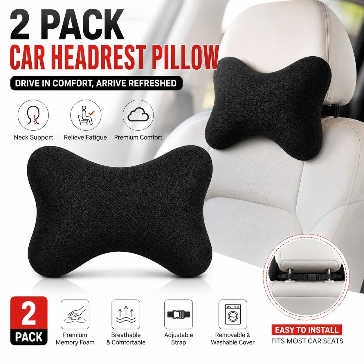 2pcs Universal Car Neck Pillow, Ergonomic Design Memory Foam Headrest, Comfortable Support for Long Drives and Road Trips, Headrest Set