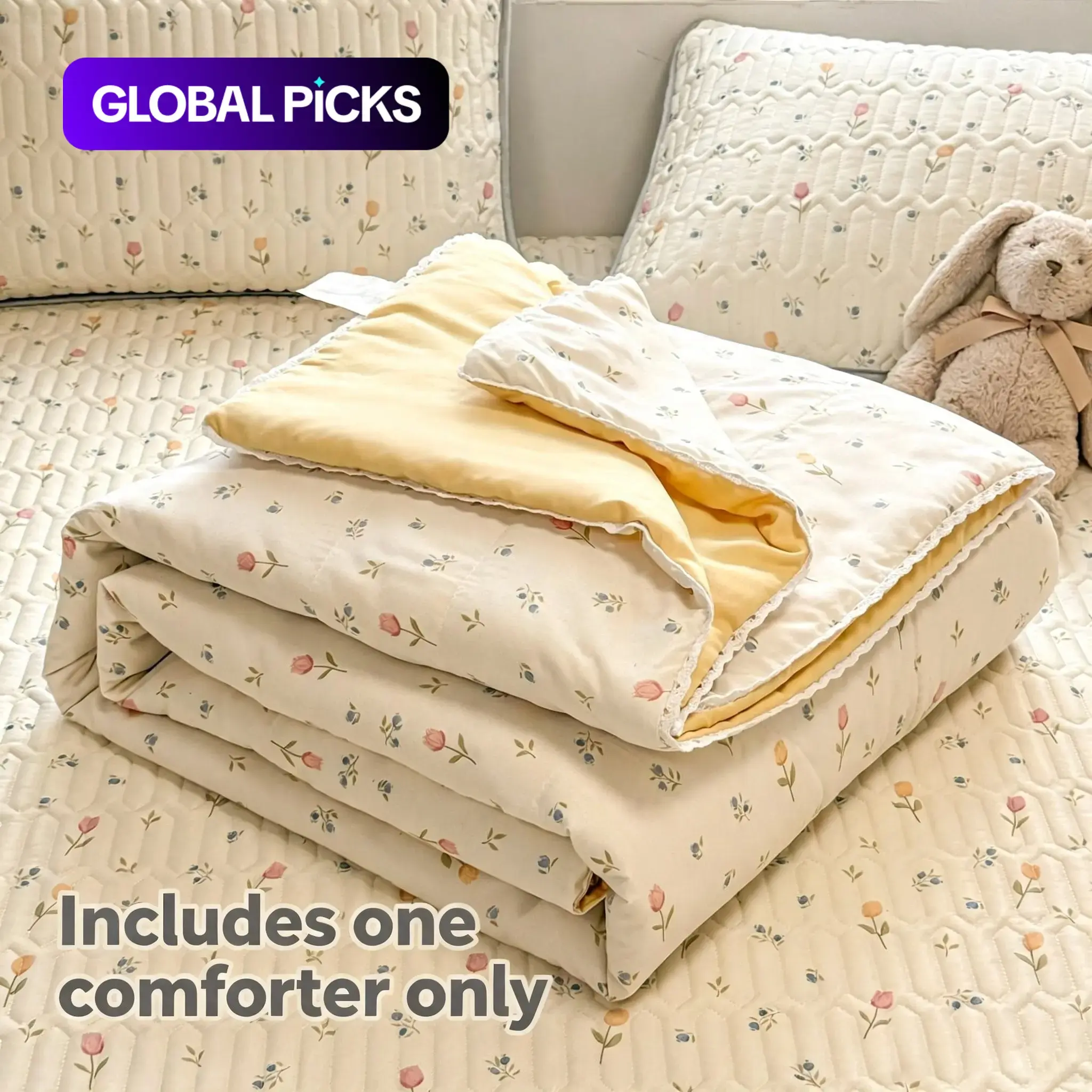 Floral Trimmed Tulip Pattern Bedding Set, Soft Breathable Quilted Lightweight Blanket, Ideal for All Seasons, Bedroom, Office, Living Room