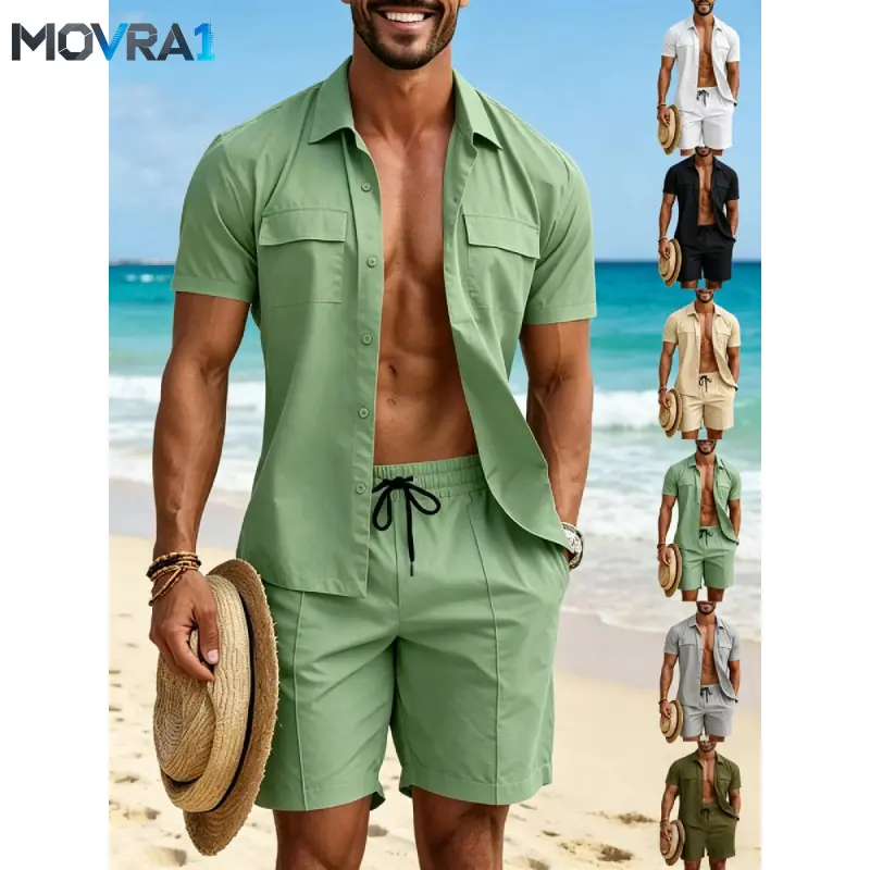 MOVRA1 2026 New Thin Men's Loose Casual Vacation Skin-Friendly Workwear Short Sleeve Shirt Shorts Set, Hawaiian Tropical Light Mature Classic Style Two-Piece Set Outfit