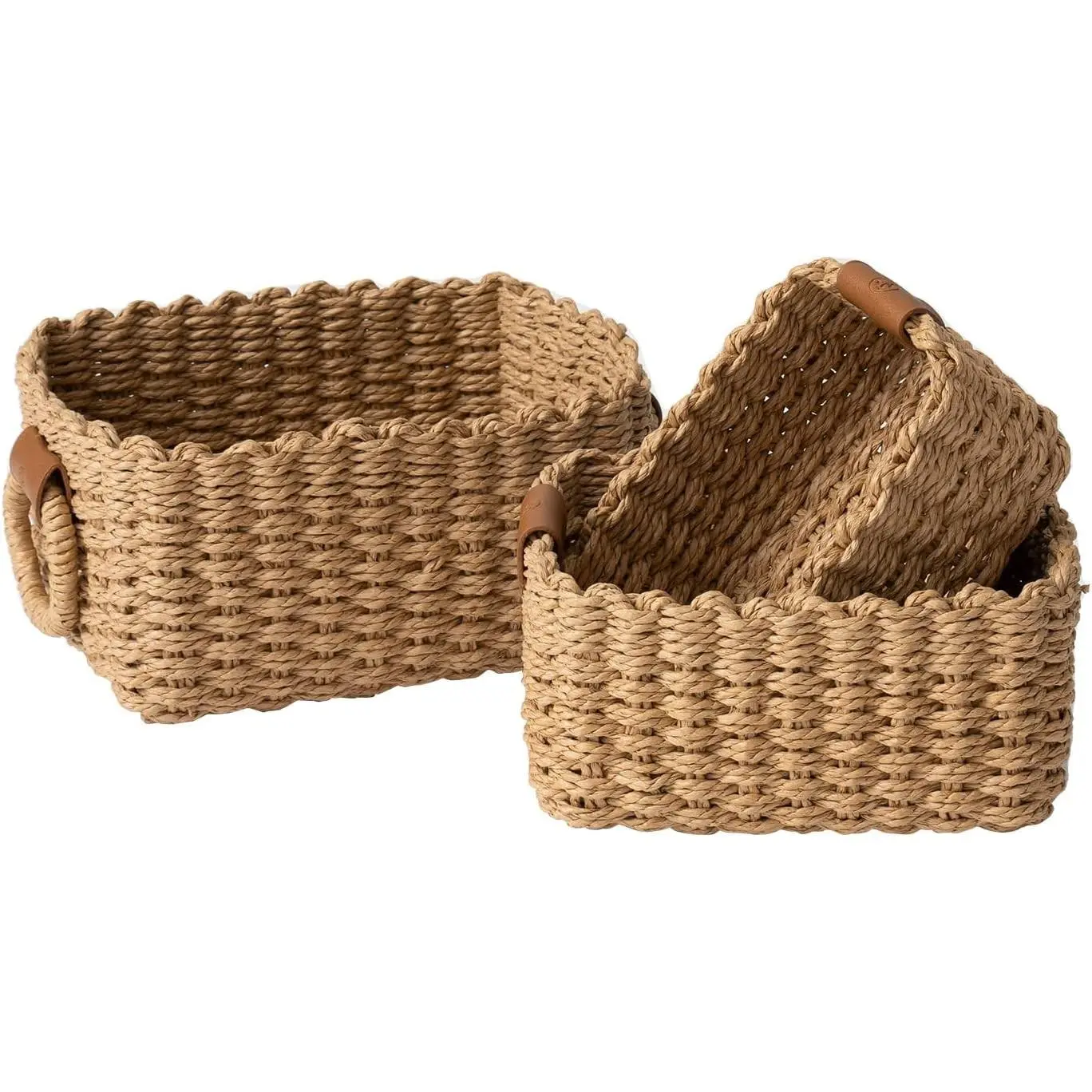 Small Wicker Baskets for Organizing, Recycled Paper Rope Storage Basket Container Bins for Shelves Bathroom Cupboards Drawer, Decorative Square Basket Organizer Set of 3