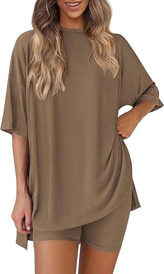 Women's 2-Piece Shorts Set Oversized T-Shirt with Side Splits and High Waist Shorts - Comfy Solid Lounge and Workout Outfit, XS-4XL