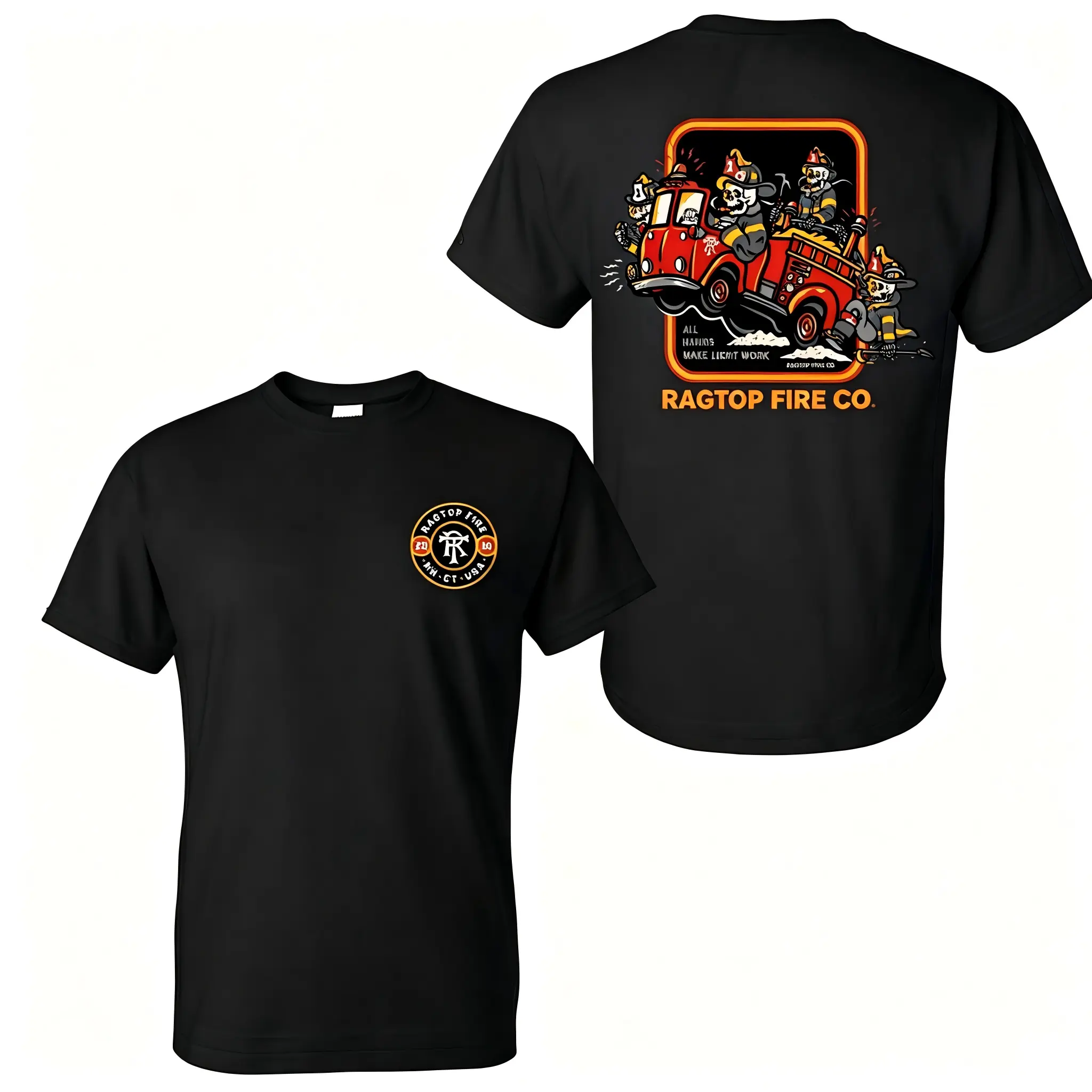 All Hands Make Light Work Skeleton Firefighter T-Shirt, 2 Sides, Fire Truck Ragtop Fire Co Graphic TeeEverydayOutfit, ClothesForYou