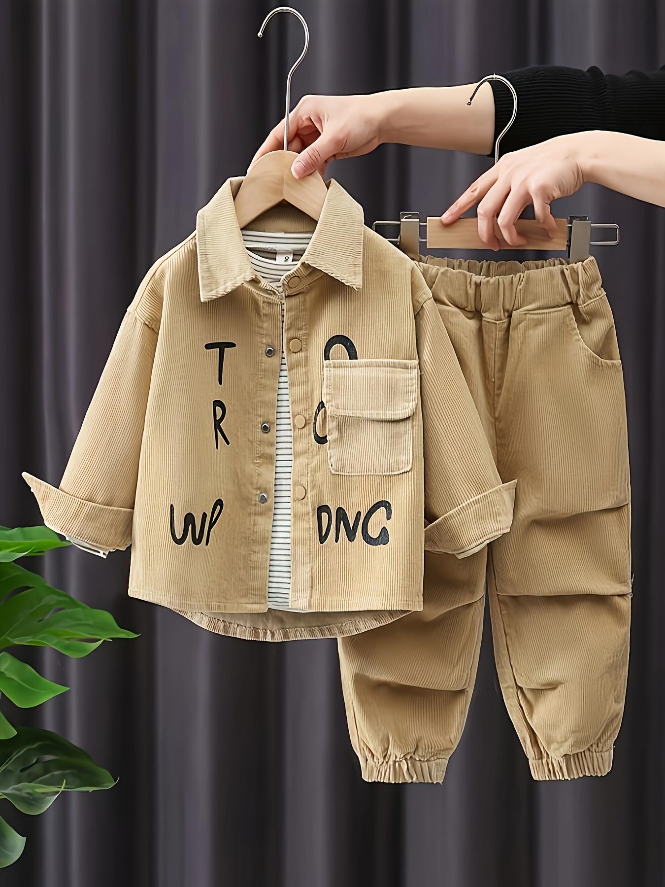 New(New)Spring New Boys' Letter Corduroy Long Sleeve Set, Autumn Casual Turn- Collar Shirt and Pants Three-Piece Outfit, Perfect for Outdoor