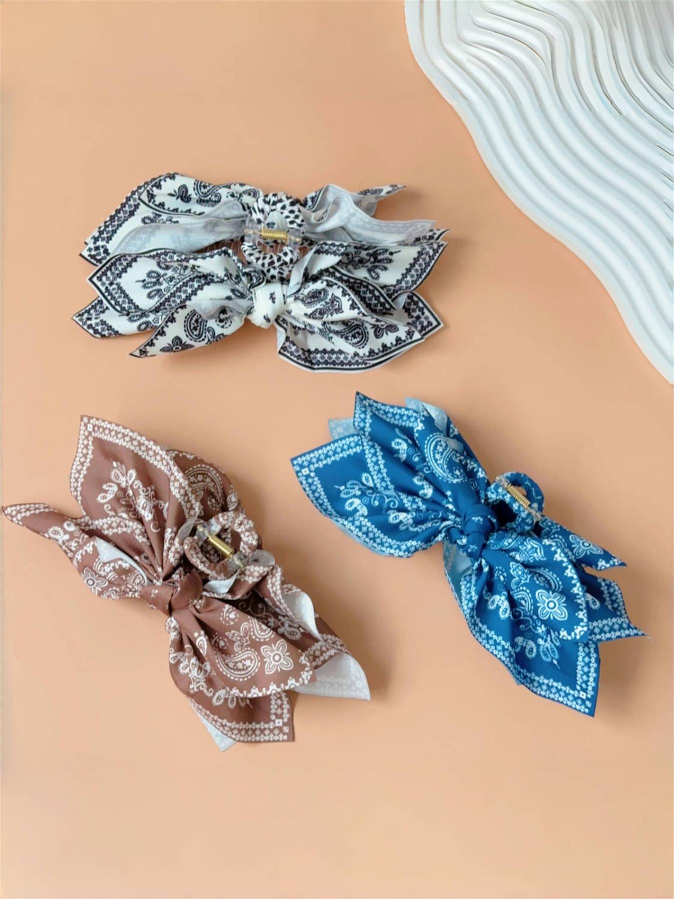 3pcs/1pc women's paisley pattern printed double-sided layered fabric bow hair clip, ponytail bun hair bohemian style hair accessory, suitable for daily, party, Boho hair accessories, Super Cute Clips