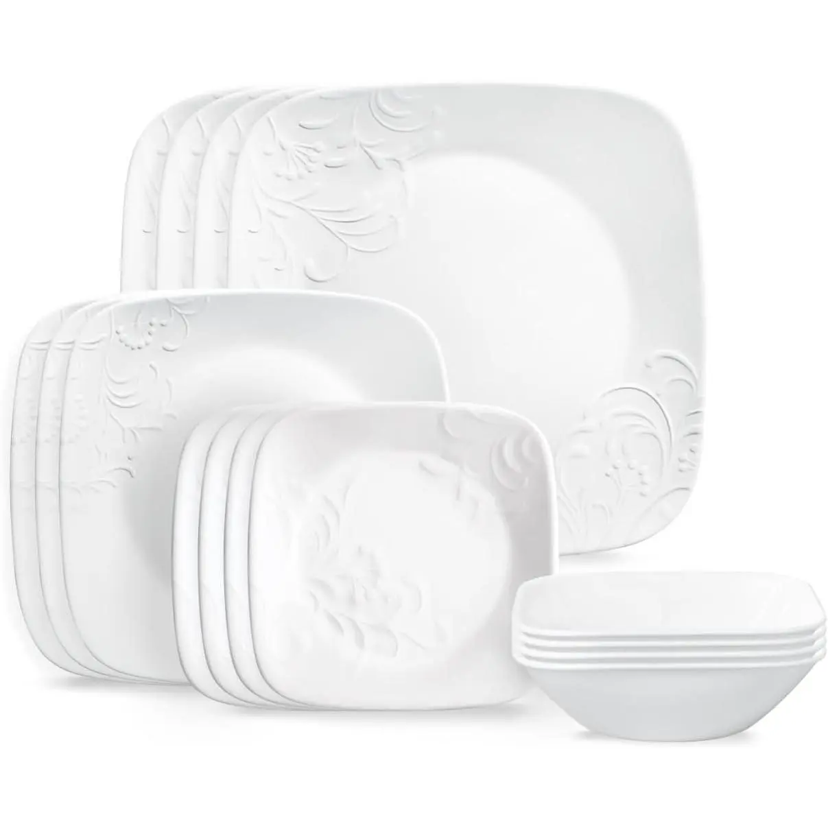 Cherish 16 count Dinnerware Set, Service for 4, 8 Plates 8 Bowls, Chip & Break Resistant, White ware