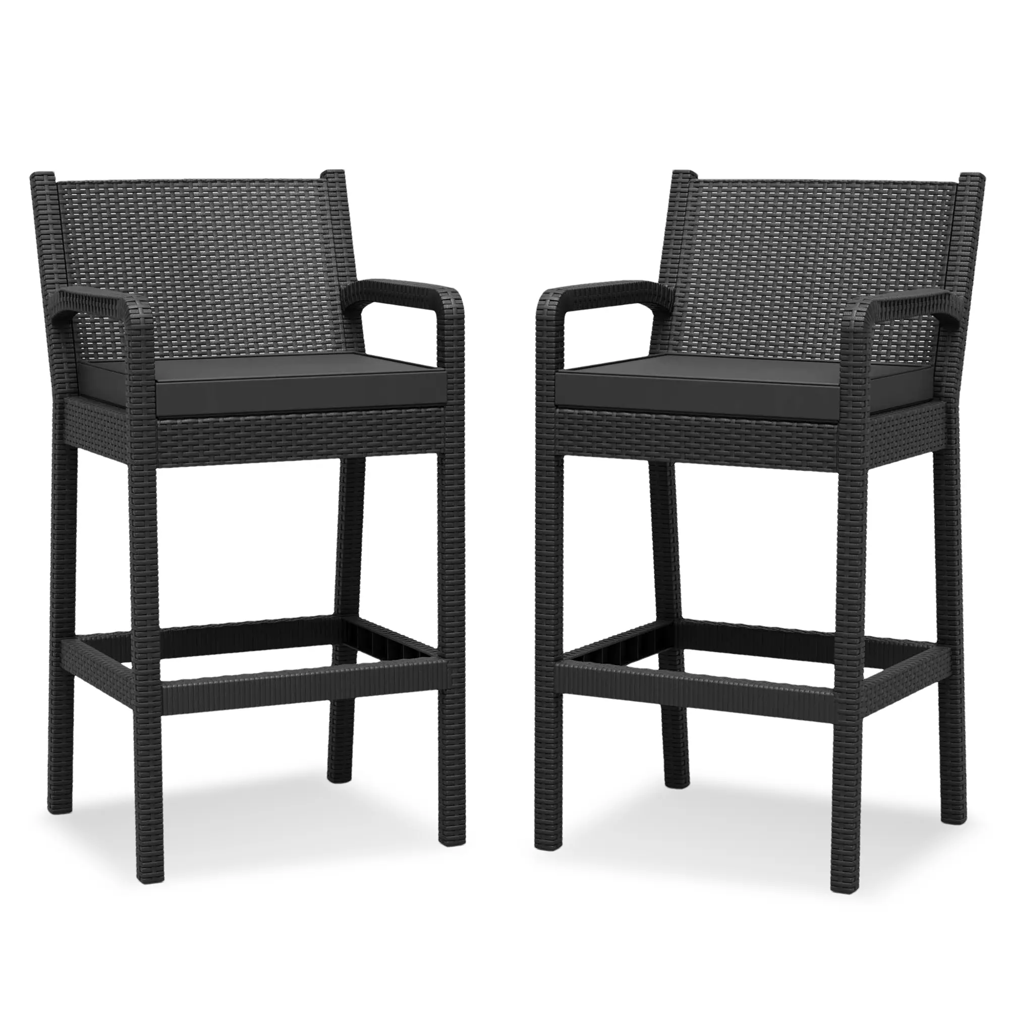 30" Outdoor Wicker Bar Stools , All-Weather Patio Barstools with 2" Thickened Cushions & Footrest for Pool, Balcony & Backyard