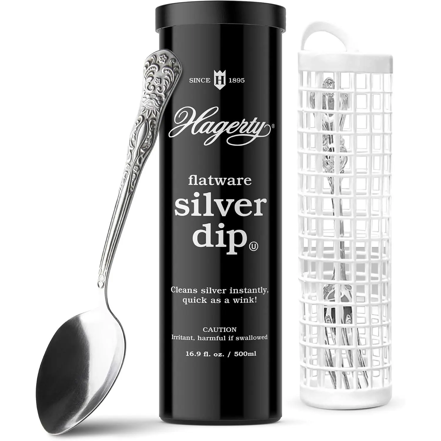 Liquid Silver Cleaner and Tarnish Remover with Dip Basket, Safe for Flatware, Forks, Knives, Spoons, Plates, 16.9oz, Black Container