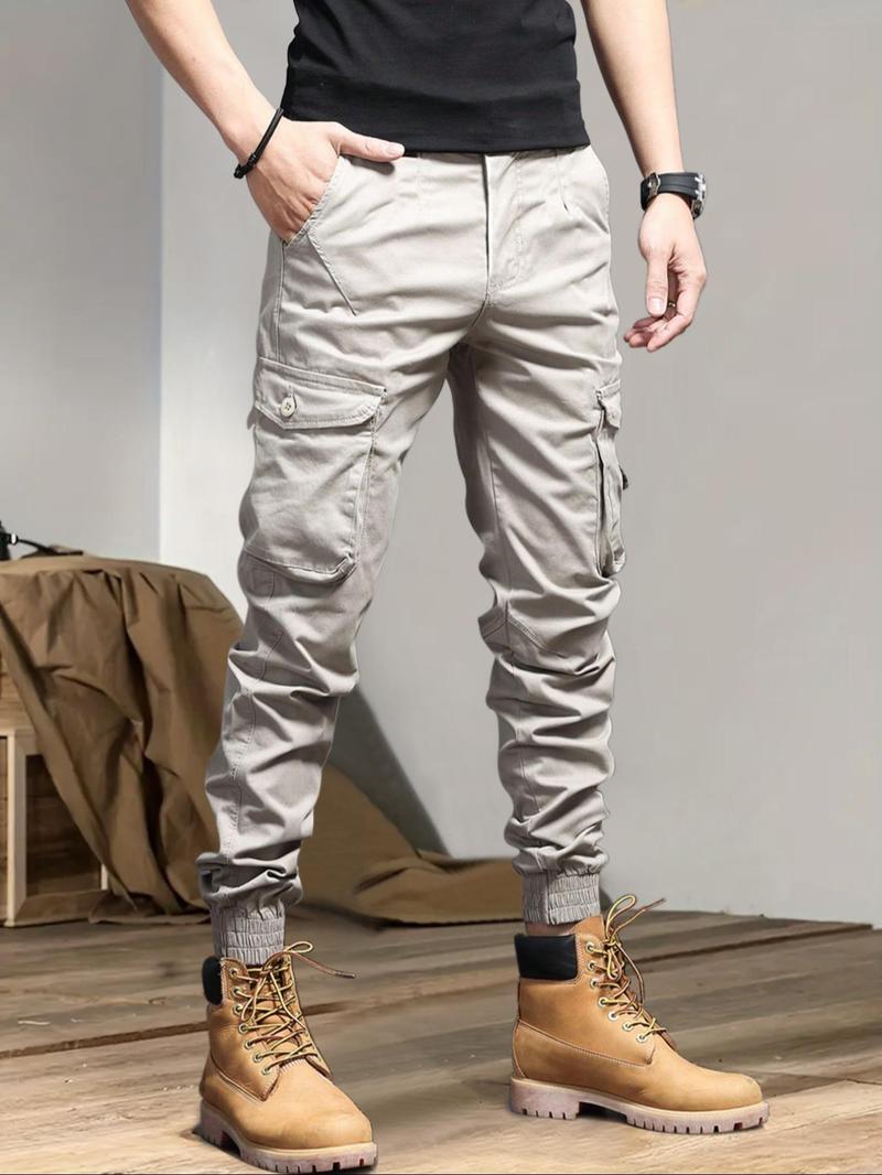 Men's Solid Drawstring Cargo Pants, Loose Casual Slant Pocket Elastic Waist Trousers for Outdoor Wear, Men's Streetwear Bottoms for All Seasons