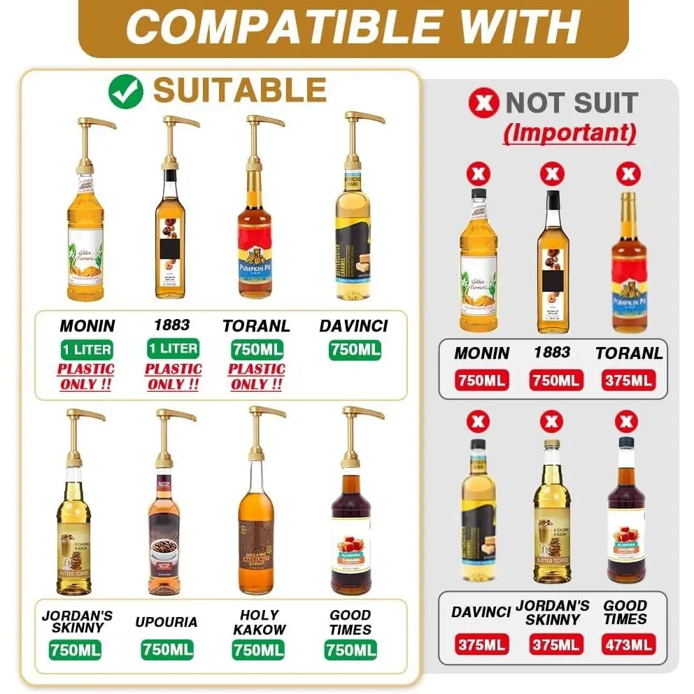 10 Pcs Gold Coffee Syrup Pump, Compatible with 25.4 Oz/750ml Bottles, Syrup Dispenser Pumps Great for Home & Coffee Bar Drinking Mixes, Tea, Beverage, Cocktails