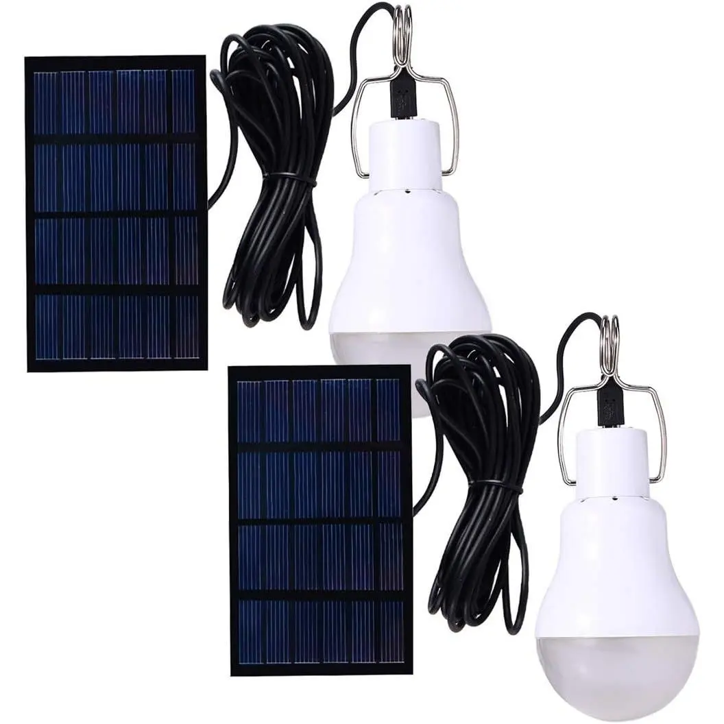 Portable Solar-Powered Emergency Light Bulbs (Pack of 2) with Solar Energy Panel, Hanging Hooks, 350LM LED Lighting for Camp Tent, Night Fishing