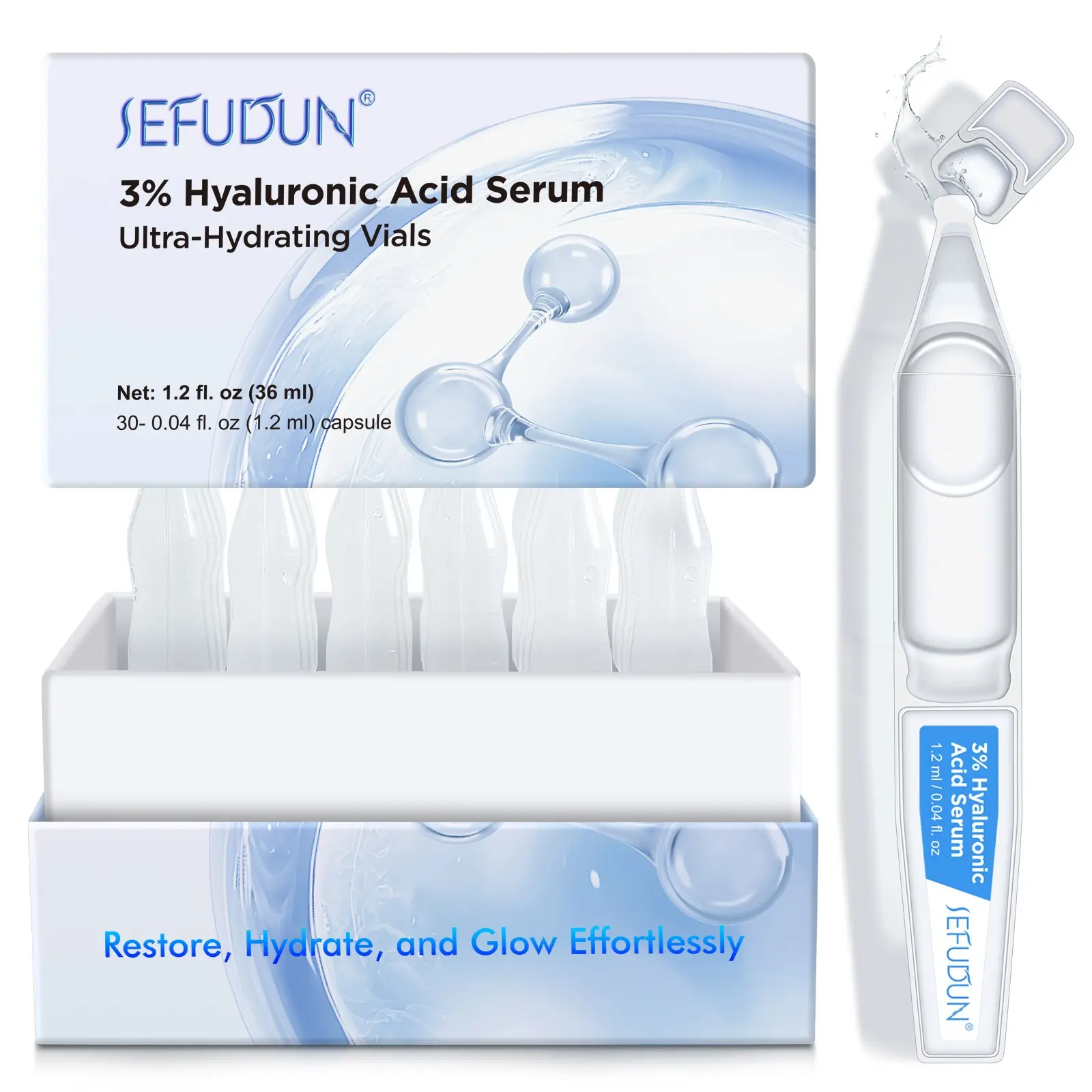 Sefudun Hyaluronic Acid Essence 30p/box, 3% Hyaluronic Acid Serum, Ultra Moisturizing Ampoule, Brightening and Firming, All Skin Types, Gift for Women/mothers