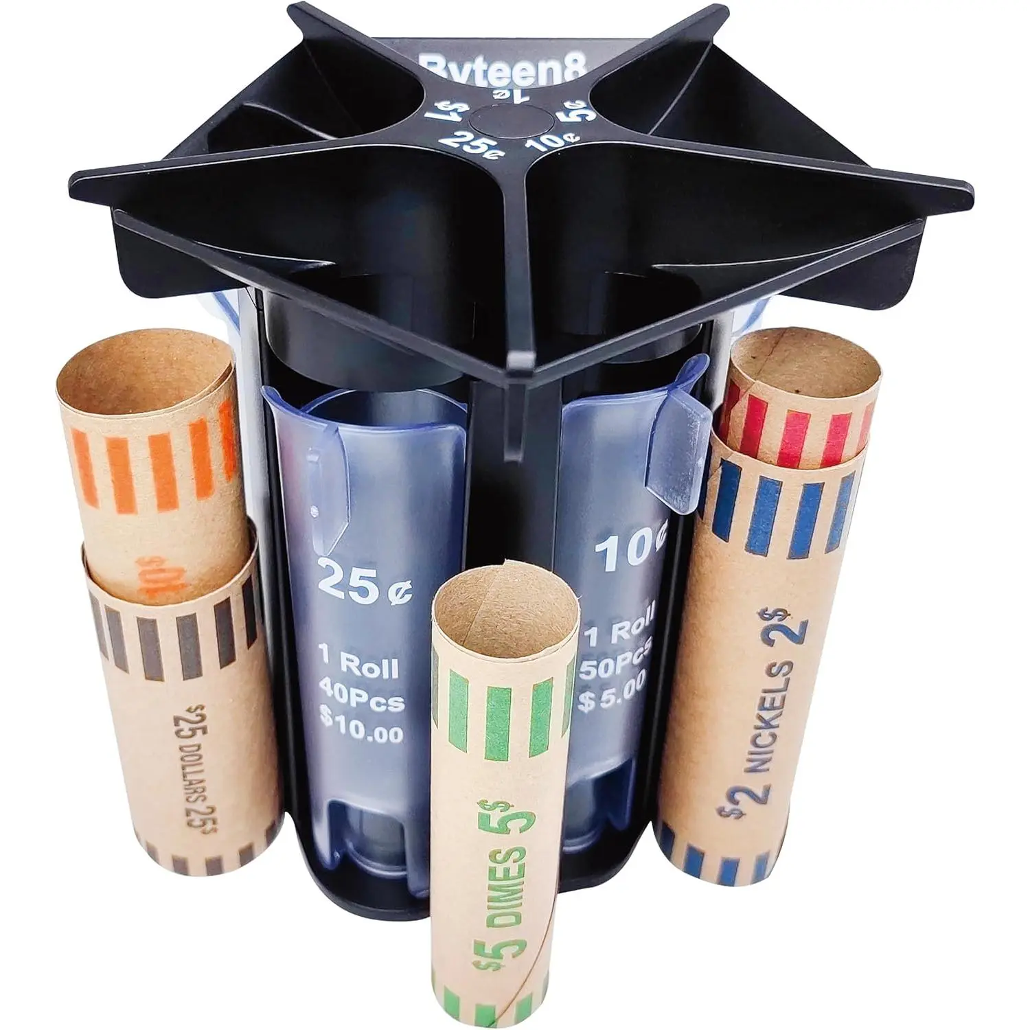 Manual Coin Counter Coin Sorter Tube with Coin Wrappers｜Sort & Roll Your Loose Change Quickly, Black 5-in-1 Coin Organizer Change Counter Machine, Coin Roller Coin Bank Holder｜Easy to Use & Accurate