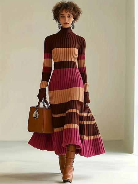 Elegant Women's Knit Dress, High Neck Long Sleeve Mermaid Tail Design, Colorblock Patchwork, Single Wear or Layering, Fall Winter Fashion