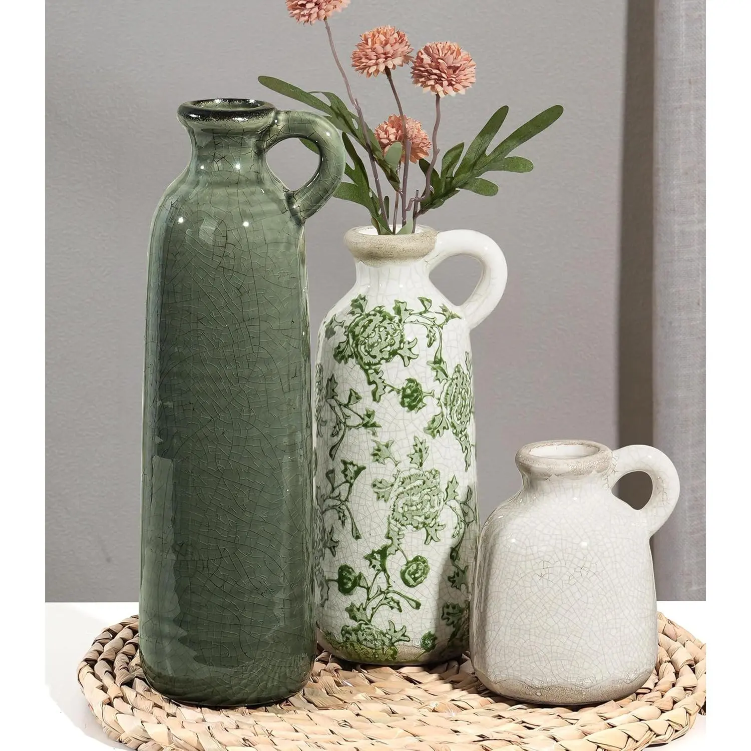 Vase Set, 3Pcs Flower Vases for Boho Farmhouse Decor, Decorative Vases for Pampas Grass & Dried Flowers, Distressed