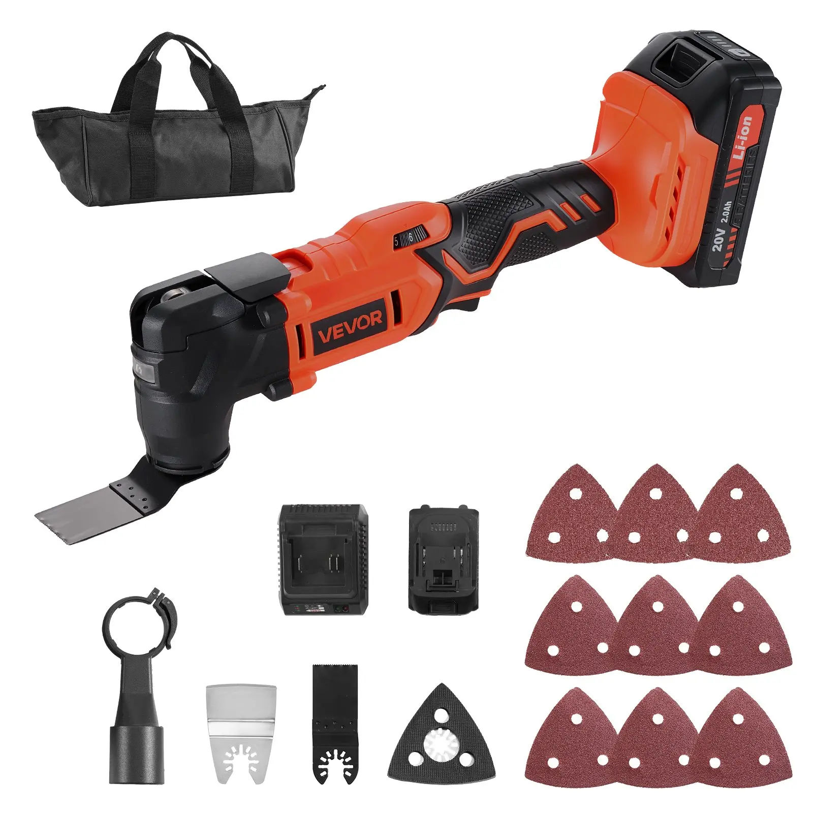 【DealsForYouDays】VEVOR Cordless Oscillating Tool, 20V Oscillating Multi Tool Kit with 6 Variable Speeds 8500 - 17000 OPM, 3.2° Oscillation Angle, 2.0Ah Battery Pack & Charger, 12PCS Saw Accessories & LED Work Light