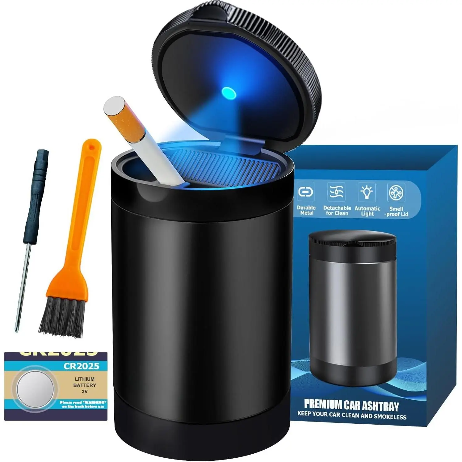 with Lid and  ,  for  Cup Holder | Smellproof & Smokeproof Detachable  Alloy  Ash Tray with Automatic LED Light for   Office Outside