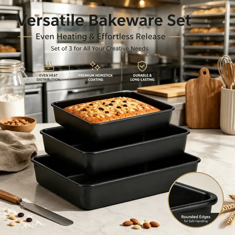 3 In 1 Multi Size Non Stick Carbon Steel Bakeware Set Rounded Safe Edge Design Effortless Food Release Oven Baking Roasting Tray Non Toxic Bakeware