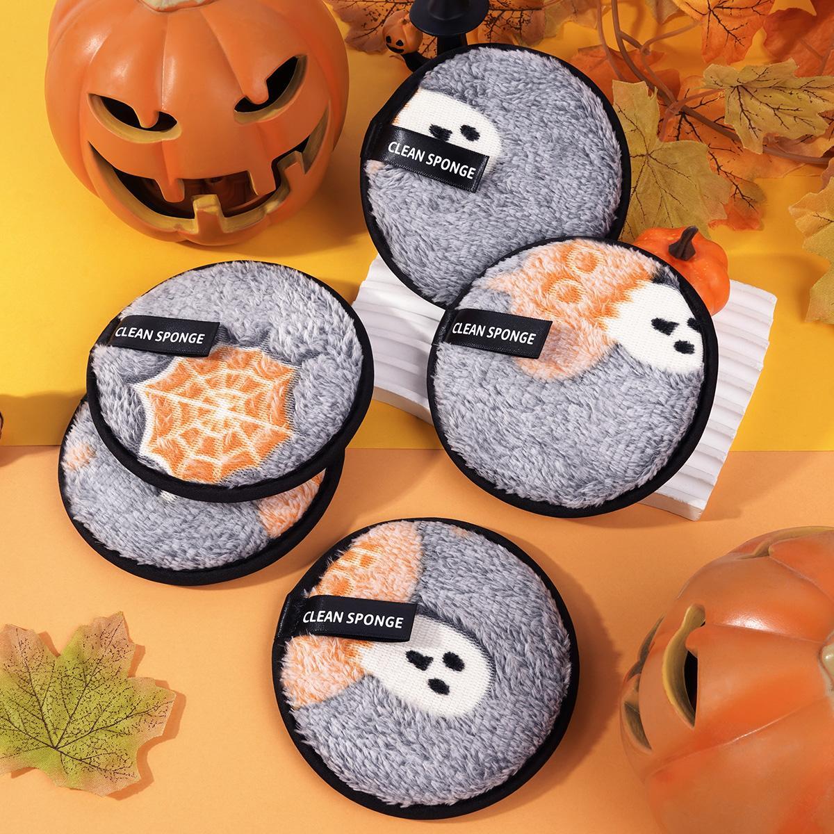 Spider Web Ghost Pattern Makeup Remover Powder Puff, 5 Counts Reusable & Washable Makeup Remover Puff, Facial Cleansing Puff, Makeup Tools for Women