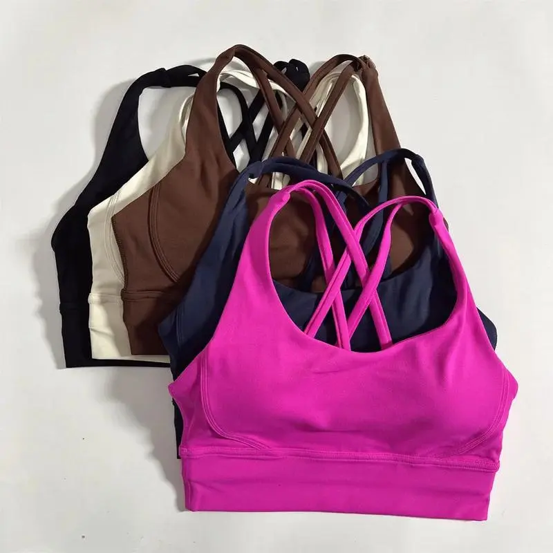 Solid Color Soft Back Women Fitness Bra Tights Yoga Vest Strength Shockproof Gym Top Push Up With Chest Pad,workout,sets,Strappy,Backless,Sports