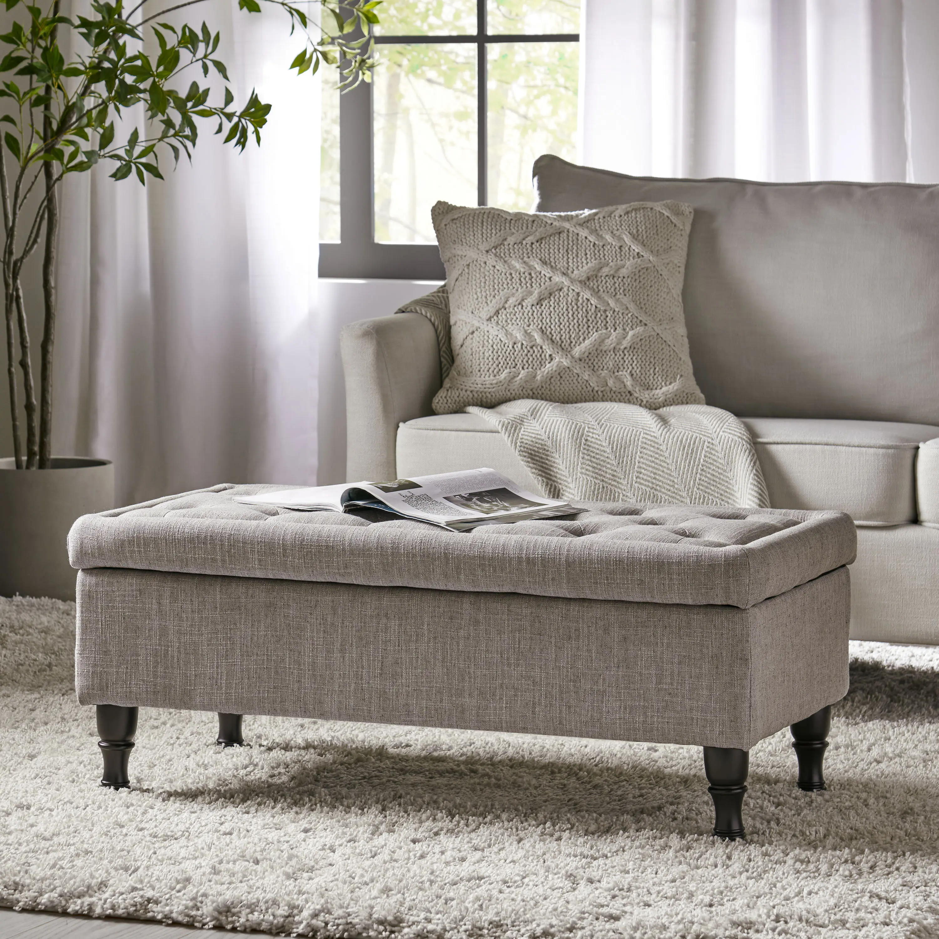 Nokaa Multi-Use Tufted Rectangular Fabric Storage Ottoman Bench with Solid Legs - Indoor Stool for Living Room, End of Bed, Grey
