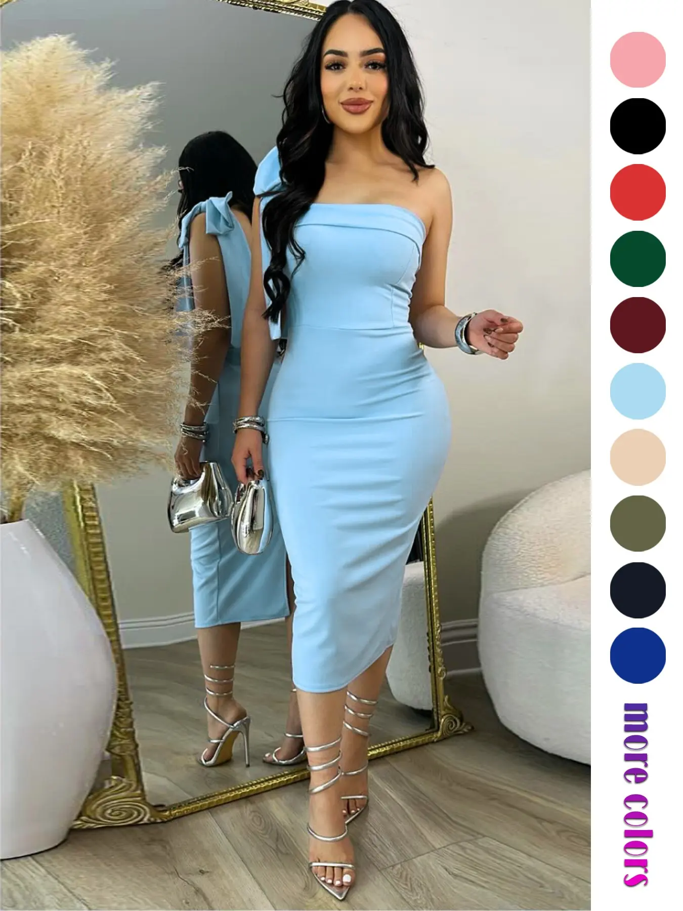 Women's One-Shoulder Bow Backless Midi Dress, Summer Sleeveless Slim Fit Party Evening Home Dress, Bodycon Sleeveless Dress, Plain Surface Unlined Clothing Type