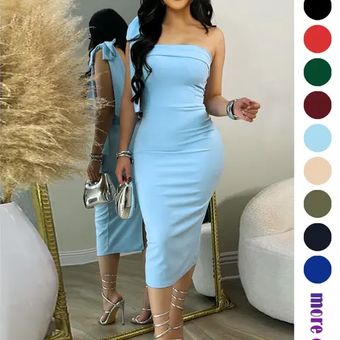 【Black Friday】Women's Solid Color One-Shoulder Bow Detail Midi Dress, Elegant Slim-Fit Sleeveless Bodycon Dress, Party Evening Dress for Summer