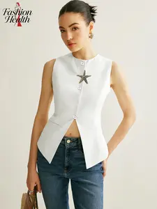 Women's Asymmetric Button Vest, Elegant Fitted Design, Plain Sleeveless Top, Business Office Wear, All-Season Outerwear