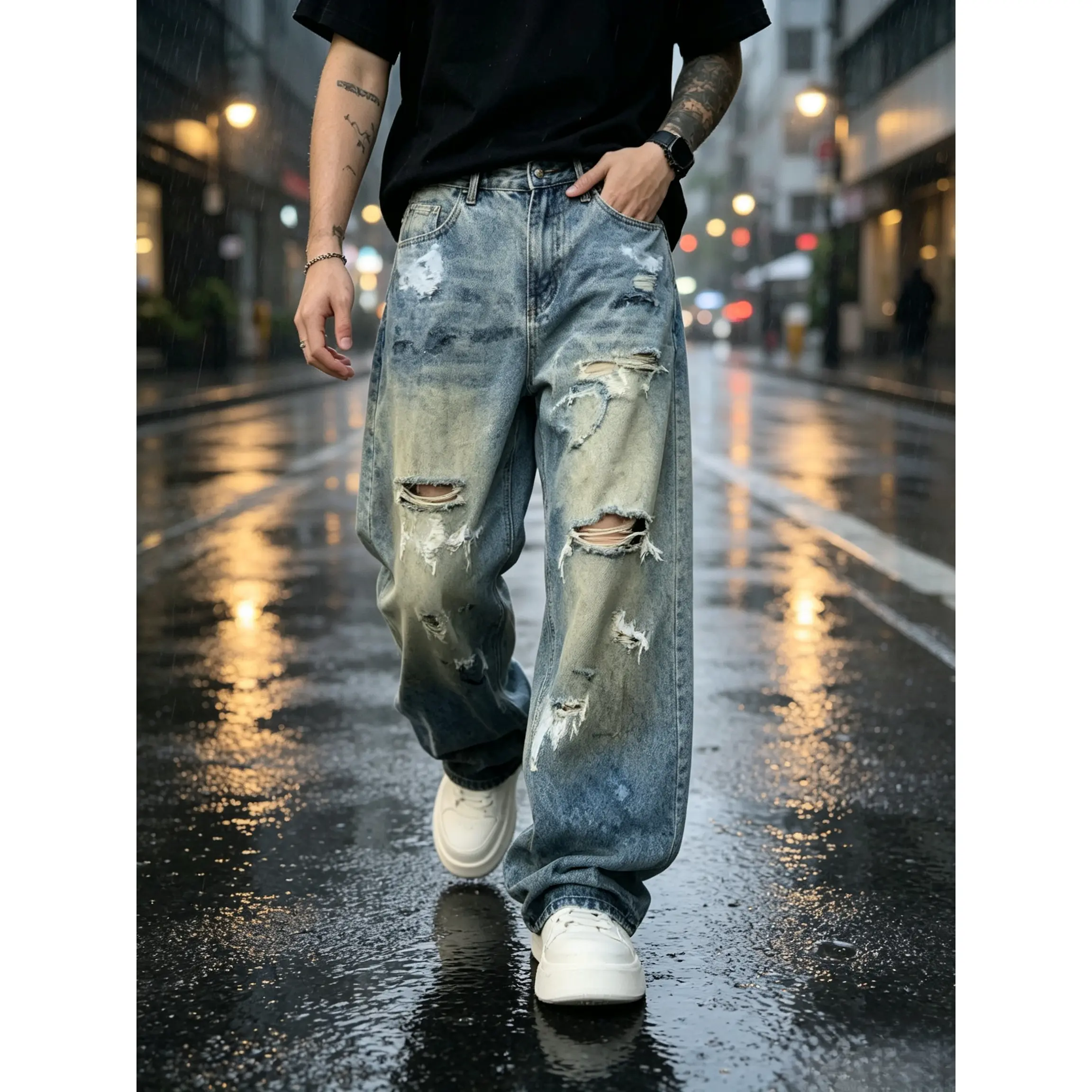 Vintage Hand Drawn Graffiti Splash Paint Destroyed Hole Jeans For Men Relaxed Straight Leg Non Restrictive Thin Breathable Denim Pants Dual Waist Design Street Hip Hop Oversized Long Pants