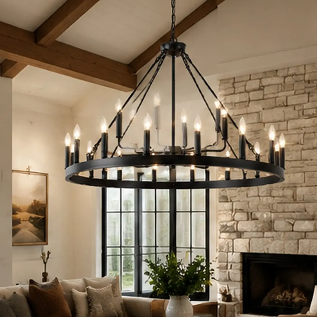 ARCH 40-Inch 2-Tier Wagon Wheel Chandelier - 22-Light Matte Black Iron, Adjustable Height, American Traditional Contemporary Candle Lights, Preassembled Body, 1000Lm–5000Lm Warm Glow for Living Rooms, Kitchen Islands