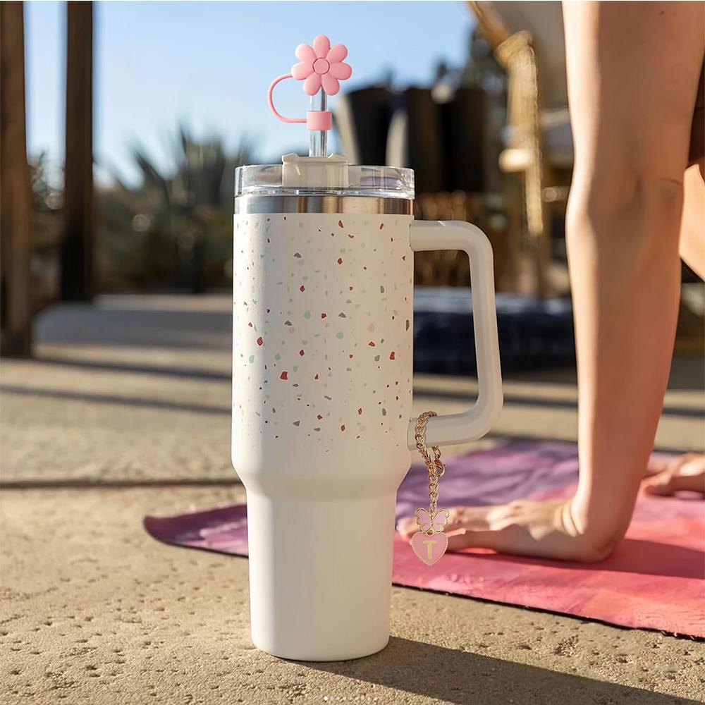 Flower & Letter Design Drinkware Accessories Set, Tumbler Cup, 5 Counts/set Including 3 Counts Silicone Straw Cover & 2 Counts Letter Charm, Drinkware Accessories for Gift