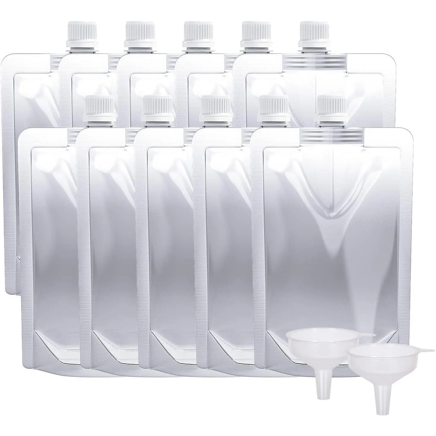 Plastic Pouches - Leak-Proof, , Flexible Juice Bags,  for Travel, Outdoor , Concerts, Events (8OZ - 10 count + 2 Funnels)