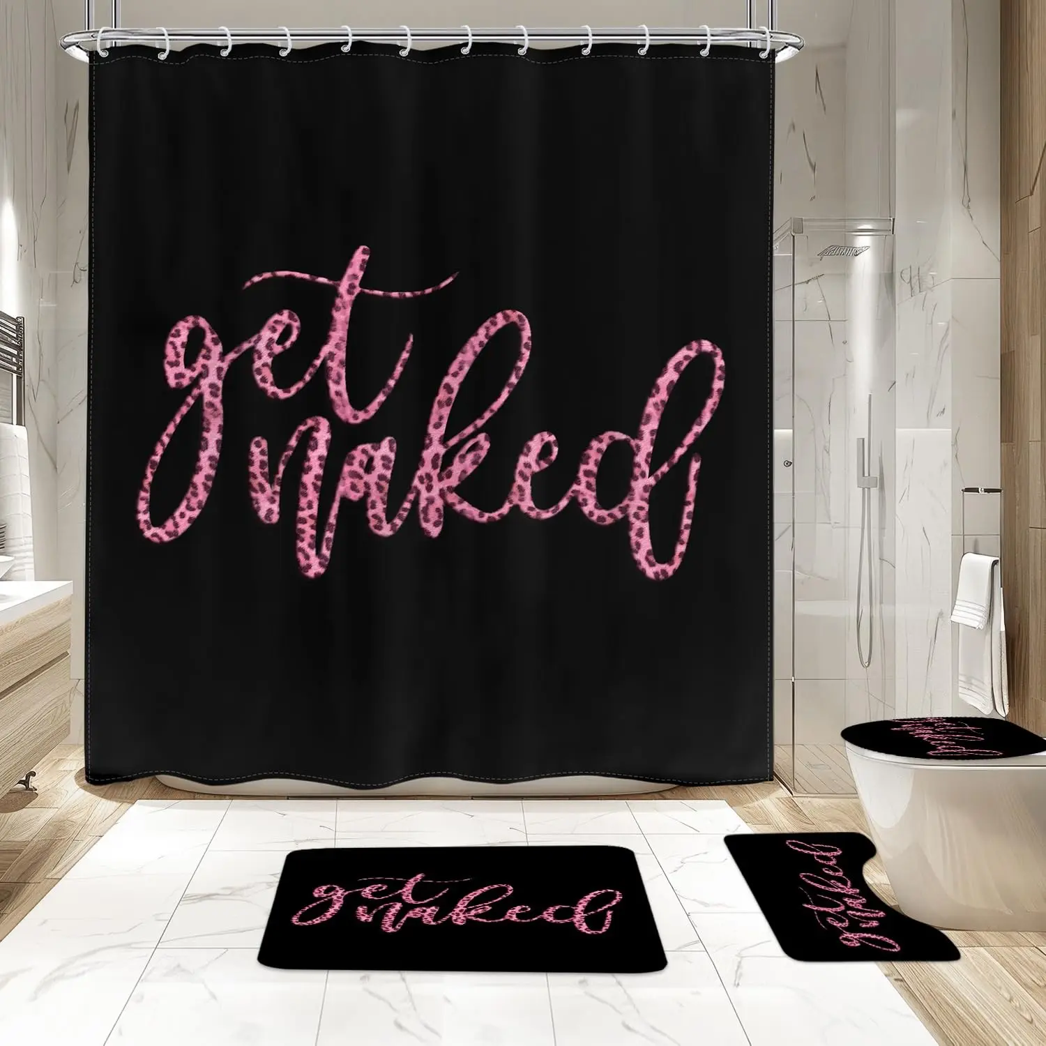 4Pcs Pink Get Naked Shower Curtain Sets, Bath Mat and Toilet Lid Cover,Leopar,waterproof shower curtain set featuring a shower curtain, toilet seat cover, bath mat, and U-shaped toilet seat cover