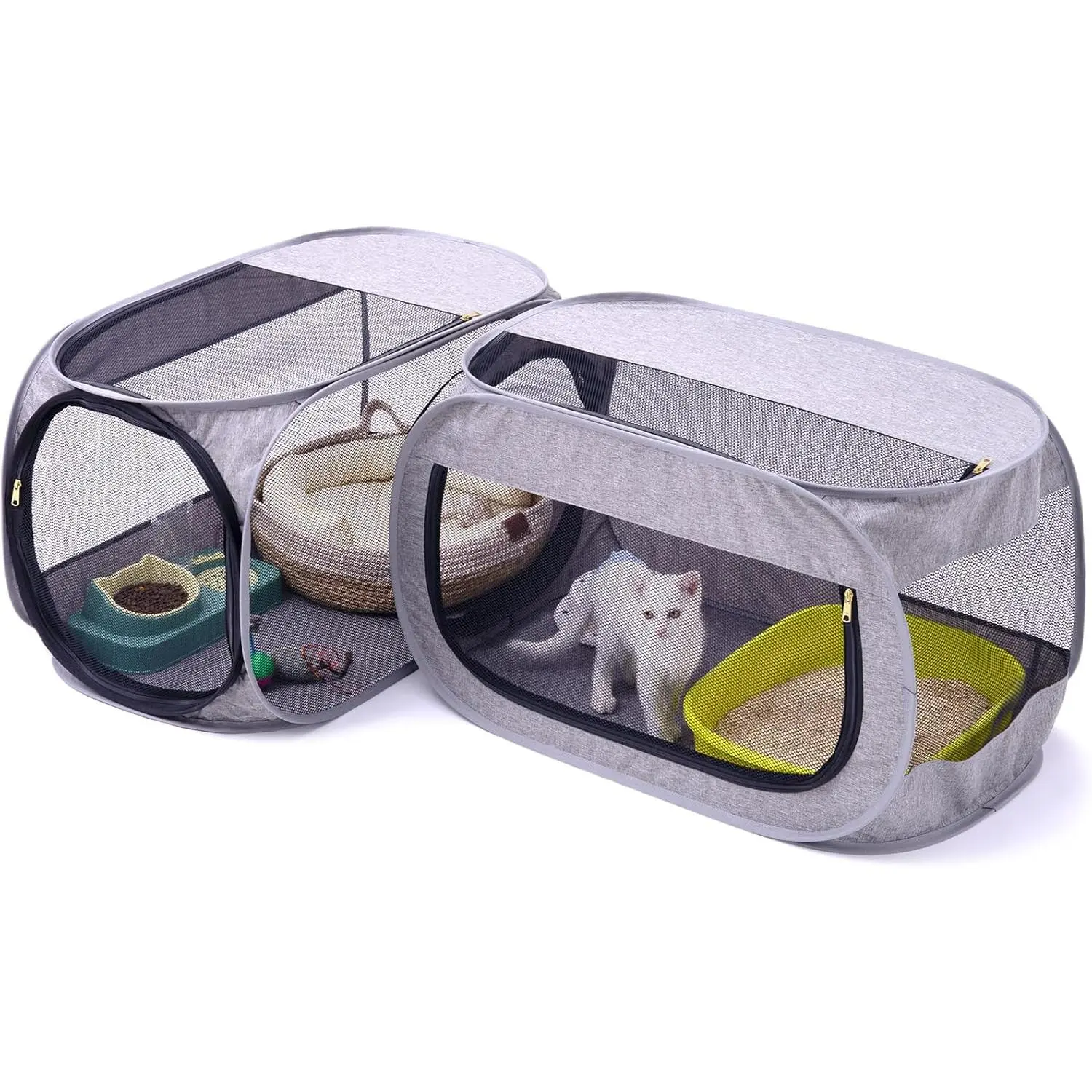 2-Compartment Corner Cat Playpen - Mesh Panels, Upper Opening Design, Litter Box Space, Easy-to-Clean, Foldable Space-Saving Indoor Enclosure for Kittens, Camping Pet Supplies