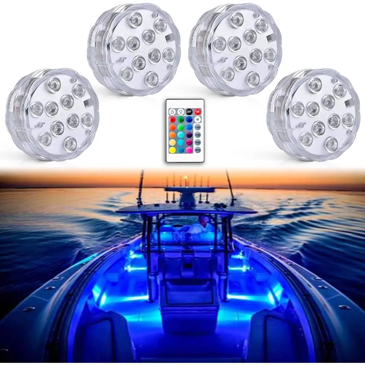 Boat Lights Wireless Battery Operated, Waterproof Marine Led Light for Deck Courtesy Interior Lights, Fishing Kayak Duck Jon Bass Boat, RGB Multi Color Remote Coolled, 4pcs