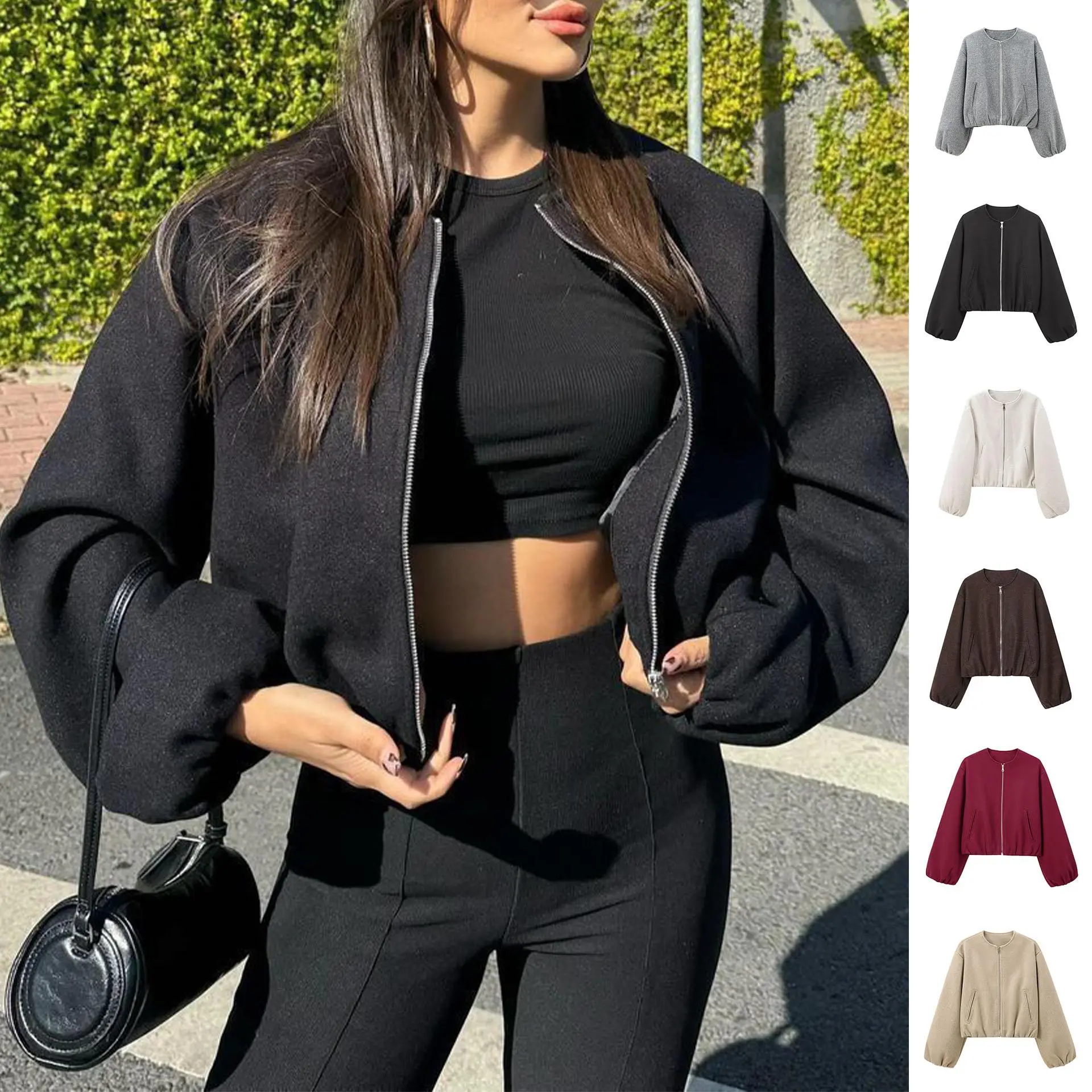 Short Autumn Jacket! Puff-Sleeve Cropped Bomber Jacket | Women's Slim-Fit Jacket