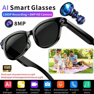SENBONO high-definition shooting smart glasses, 8MP camera, real-time shooting and video, multifunctional audio glasses, wireless listening to music, answering calls, sunglasses, link APP supporting 164 language translations, suitable for men and women.