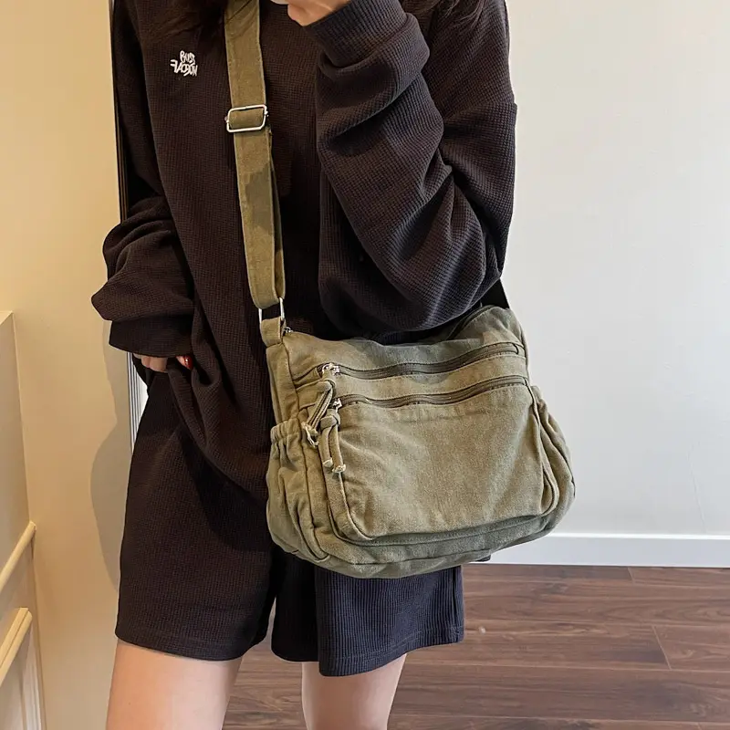 Women's Vintage Washed Canvas Crossbody Purse - Multi-Pockets, Shoulder Strap, Casual Wear, Versatile for Commuting & Camping Essentials